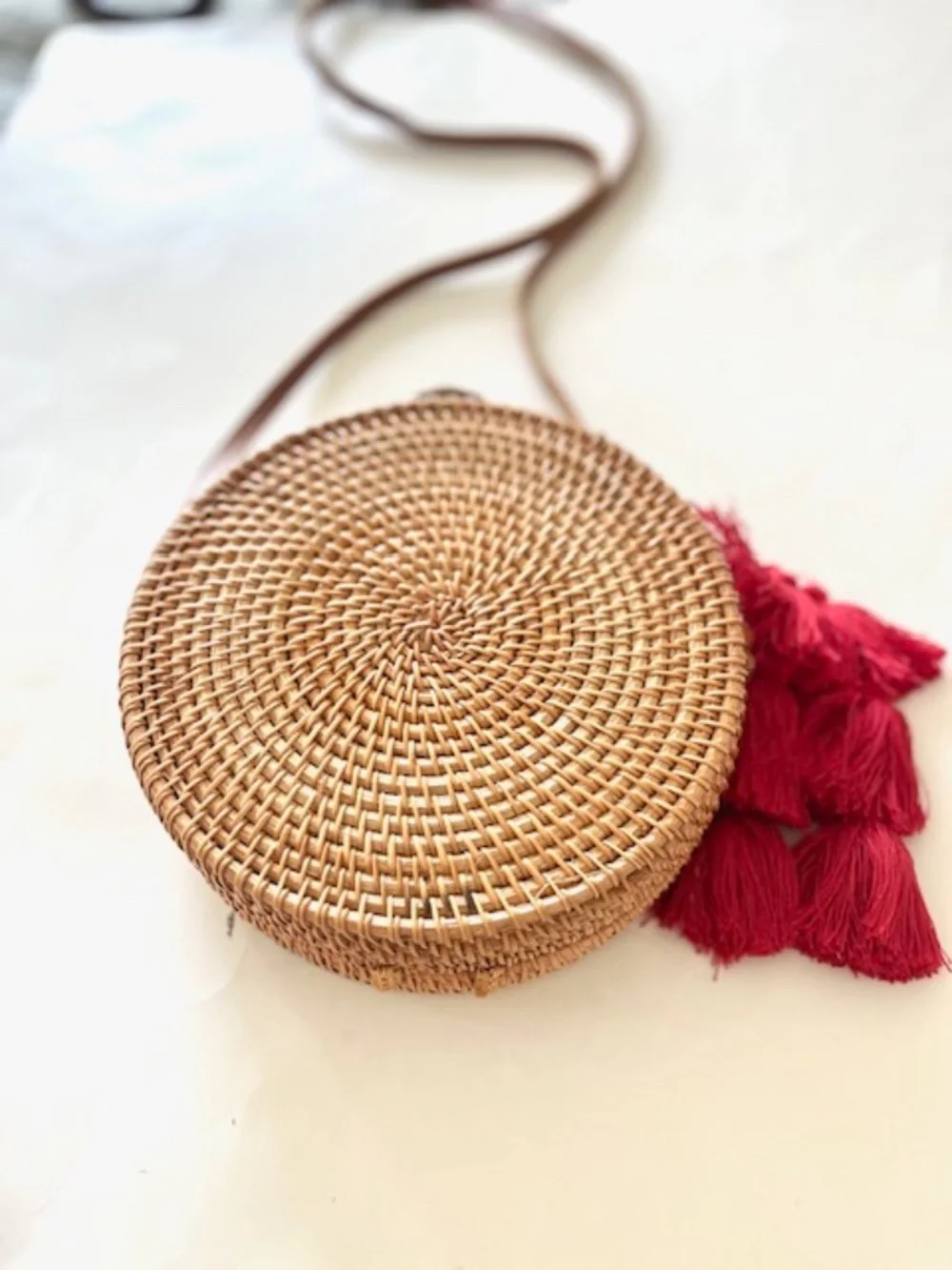 Handcrafted Round Rattan Crossbody Bag with Woven Heart